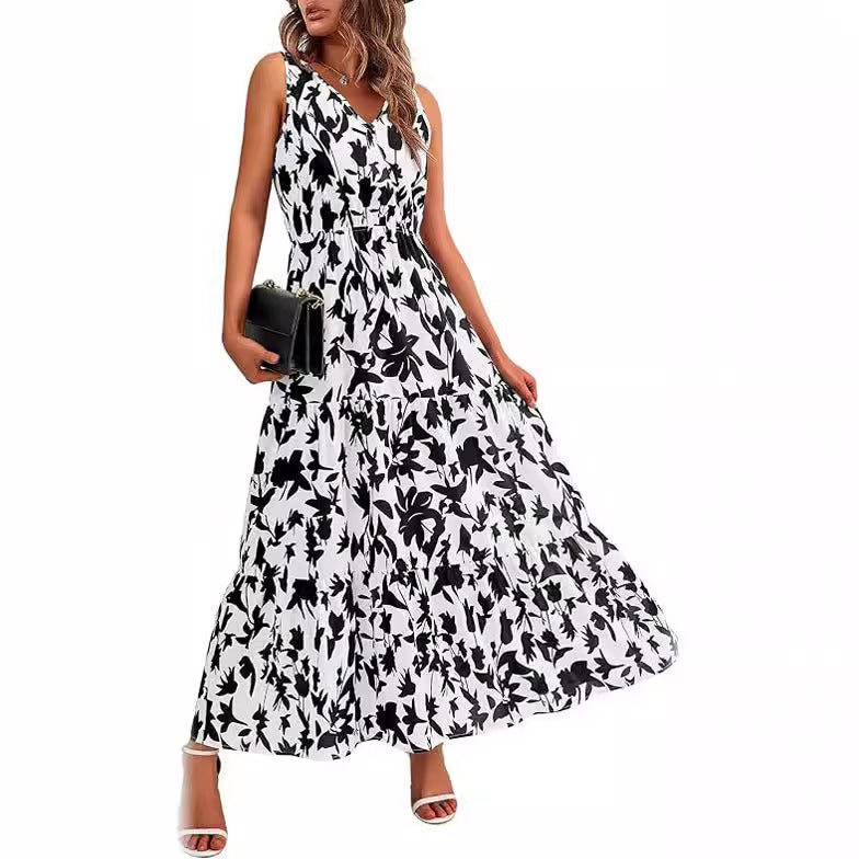 V-neck Elastic Waist Printed Casual Sleeveless Long Dresses