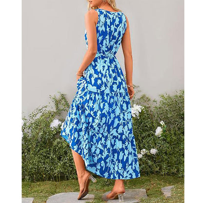 V-neck Elastic Waist Printed Casual Sleeveless Long Dresses