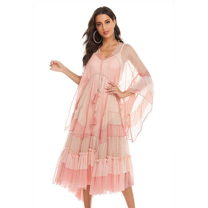 SARAH - Bohemian Pink Mesh Maxi Dress