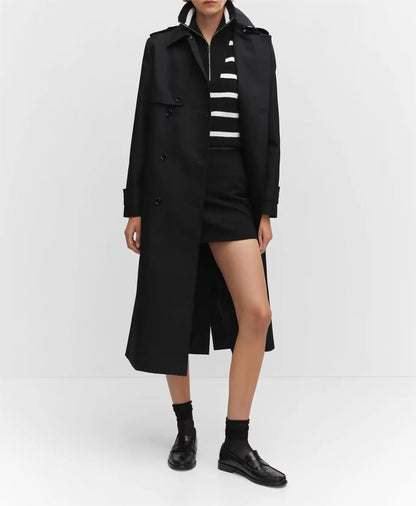 GION - Women's Black Double-Breasted Trench Coat