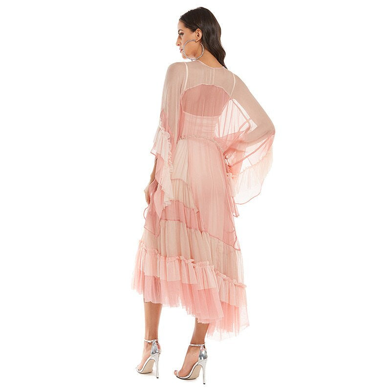 SARAH - Bohemian Pink Mesh Maxi Dress