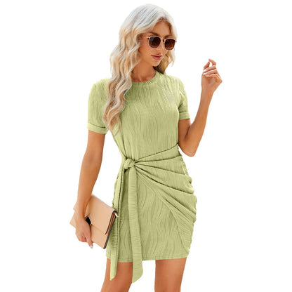 Women Solid Color Round Neck Pleated Lace Up Knitted Summer Short Dresses