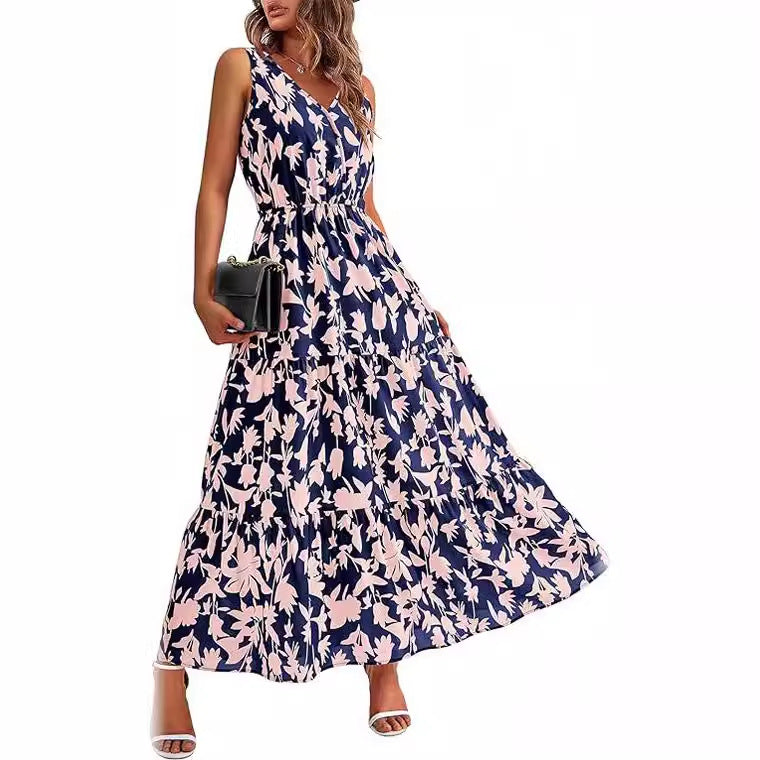 V-neck Elastic Waist Printed Casual Sleeveless Long Dresses