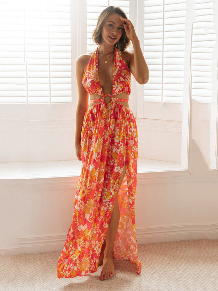 OLIVIA - Floral Halter Split Dress