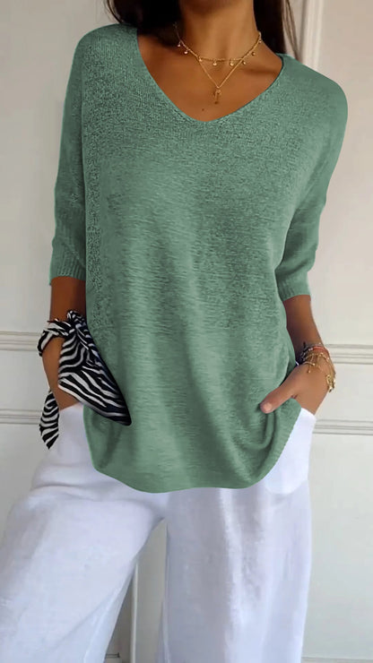 Emma - Solid Colour Knitted V-Neck Top