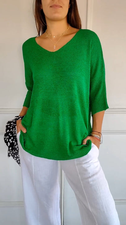 Emma - Solid Colour Knitted V-Neck Top