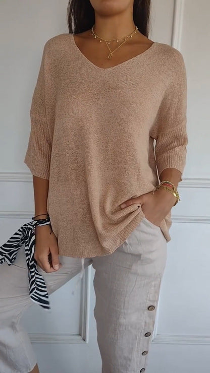 Emma - Solid Colour Knitted V-Neck Top