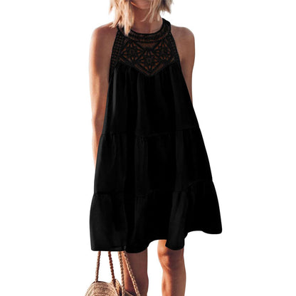 Summer Loose Lace Hollow  Sleeveless Short Dresses