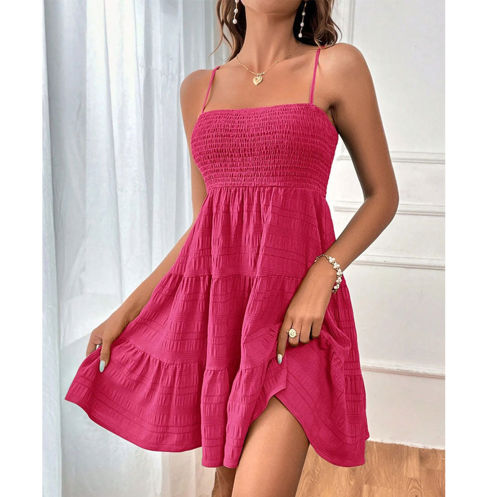 Summer Strap Solid Color Texture Short Dresses