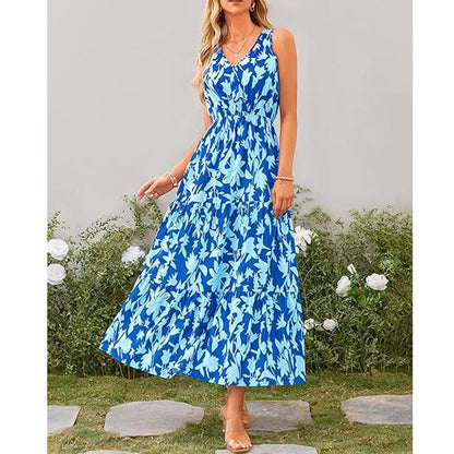 V-neck Elastic Waist Printed Casual Sleeveless Long Dresses