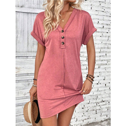 V Neck Button Short Sleeve Summer Casual Dresses