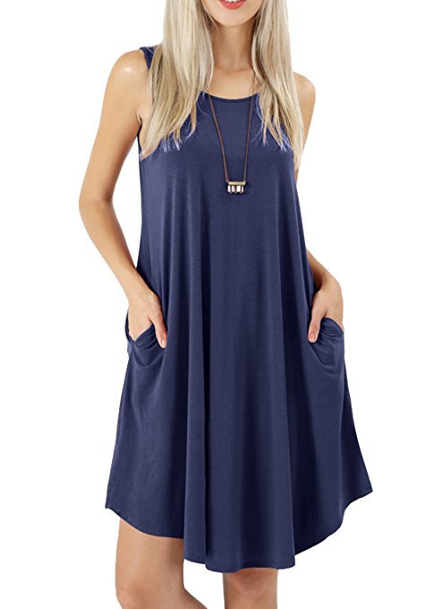 Women Solid Color Sleeveless Pocket Casual Large Hem Summer Dresses