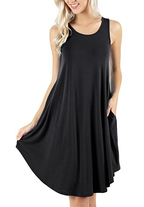 Women Solid Color Sleeveless Pocket Casual Large Hem Summer Dresses