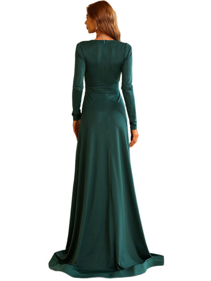 Ruched Surplice A-Line Dipped Long Sleeves-Prom Dress-GD101556