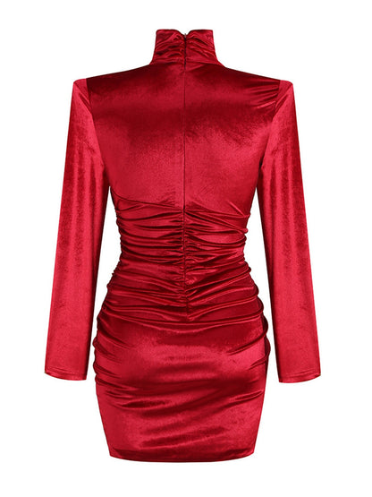 Velvet Sheath High Neck Long Sleeves Dress-GD101763