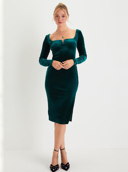 Velvet Sheath Boat Neck Long Sleeves-Dress-GD101854