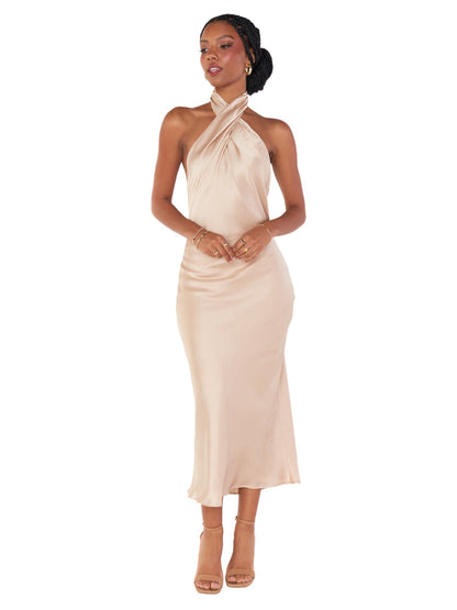 Stretch Satin A-Line Halter Sleeveless Dress-GD101879