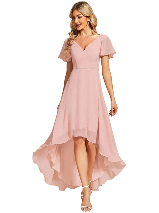 Chiffon A-Line V-Neck Half Sleeves Dress-GD101884