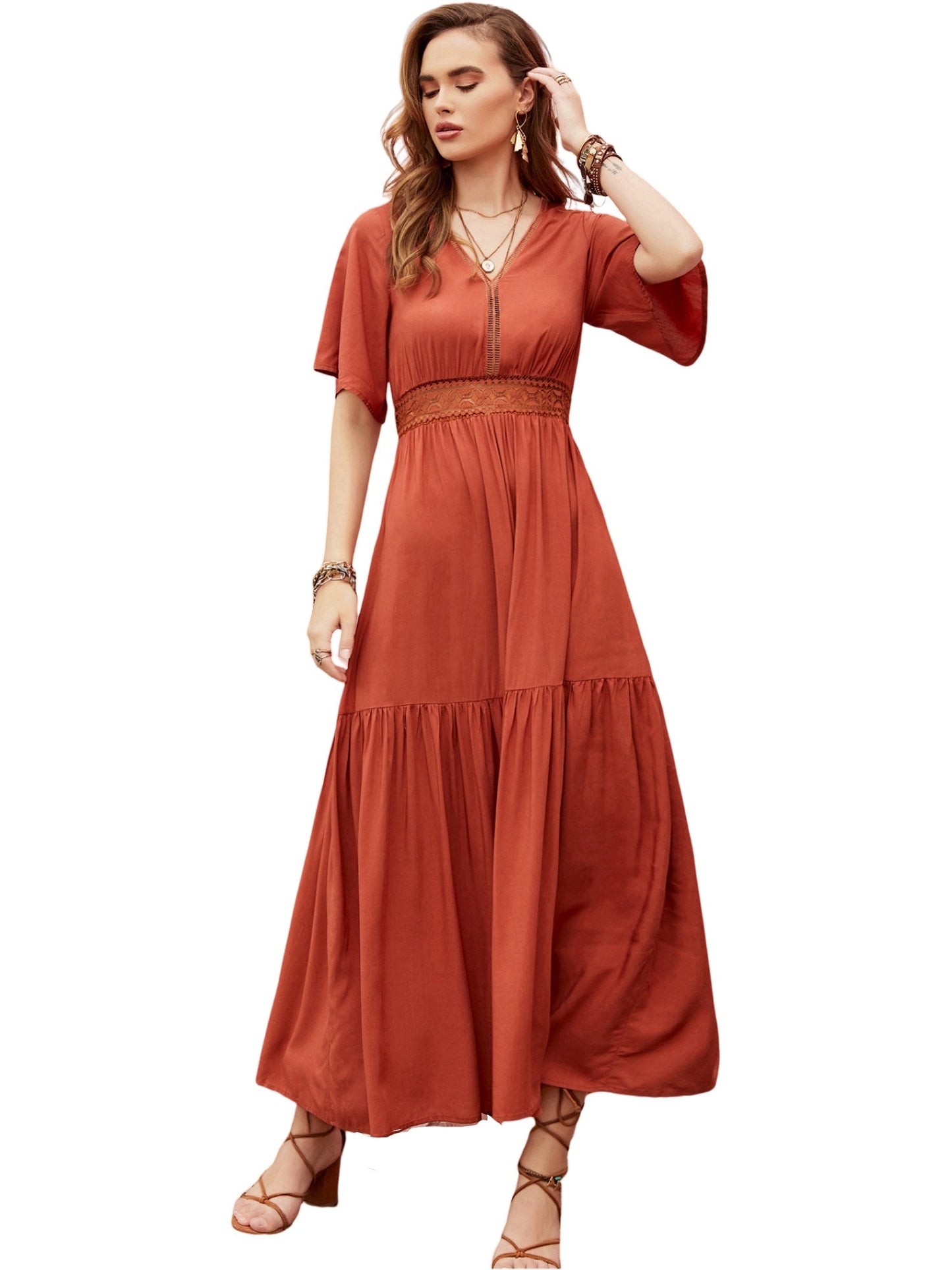 Pearl Chiffon A-Line V-Neck Half Sleeves Dress-GD101895