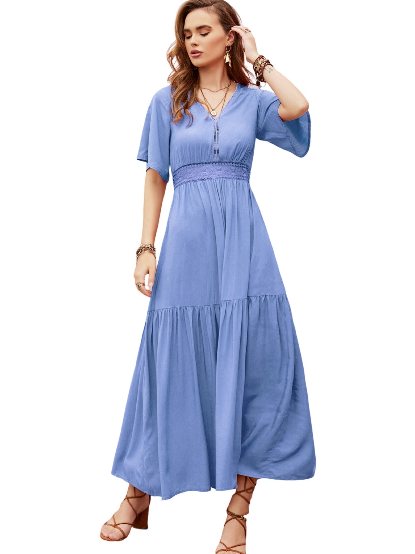 Pearl Chiffon A-Line V-Neck Half Sleeves Dress-GD101895