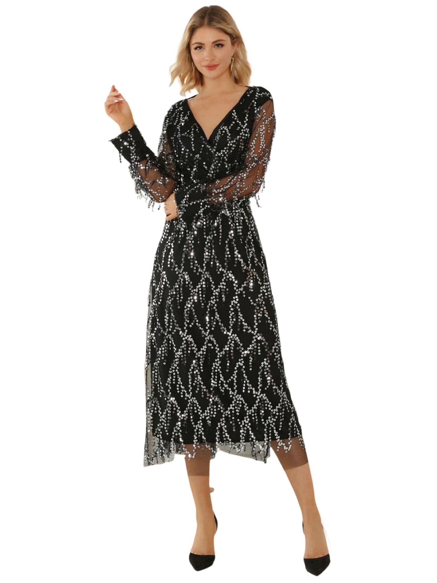 Sequin A-Line V-Neck Long Sleeves Dress-GD101896