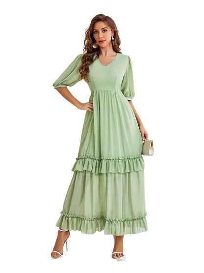 Pearl Chiffon A-Line V-Neck Half Sleeves Dress-GD101905