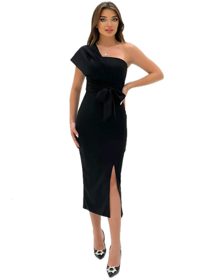 Ruched Surplice Sheath One Shoulder Sleeveless Dress-GD102246