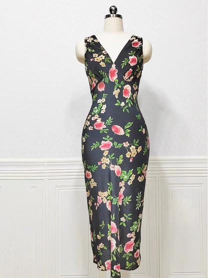 Floral A-Line V-Neck Sleeveless Dress-GD200805