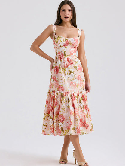 Floral A-Line Spaghetti Straps Sleeveless Dress-GD200830