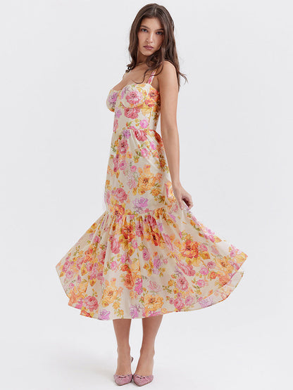 Floral A-Line Spaghetti Straps Sleeveless Dress-GD200830