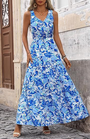 V-neck Elastic Waist Printed Casual Sleeveless Long Dresses