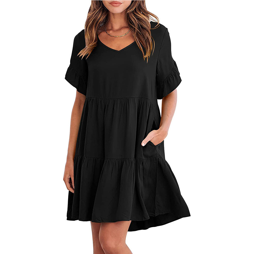 Loose Casual V-neck Short Sleeve Pleated Dresses