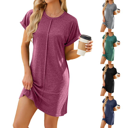 Women Round Neck Loose Solid Color Short Sleeve Summer Dresses