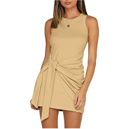 Women Simple Plain Sleeveless Drawstring Slim Round Neck Summer Casual Short Dress