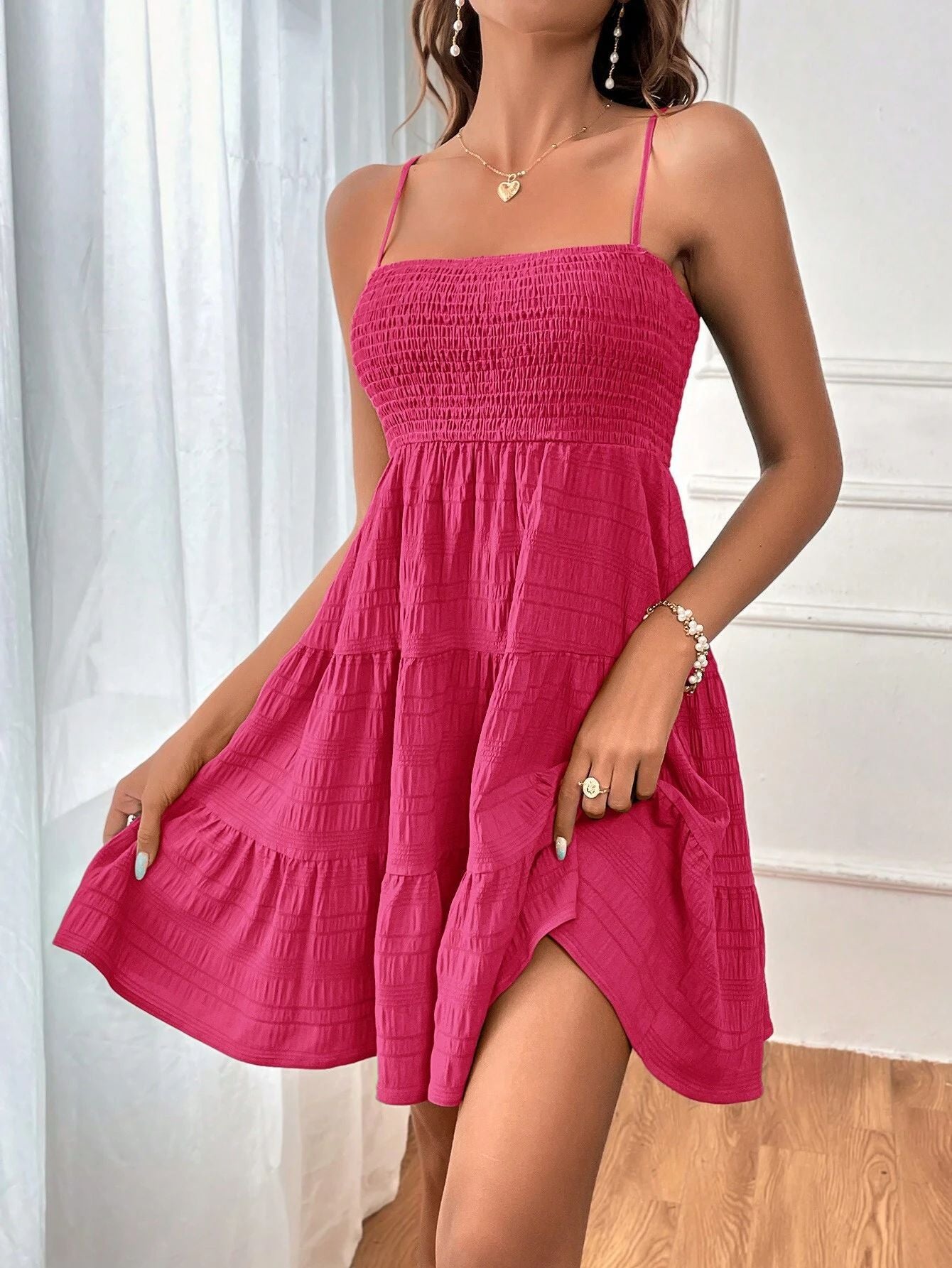 Summer Strap Solid Color Texture Short Dresses