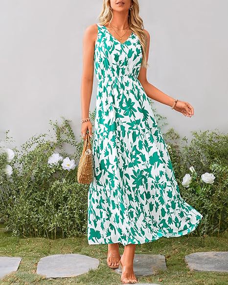 V-neck Elastic Waist Printed Casual Sleeveless Long Dresses