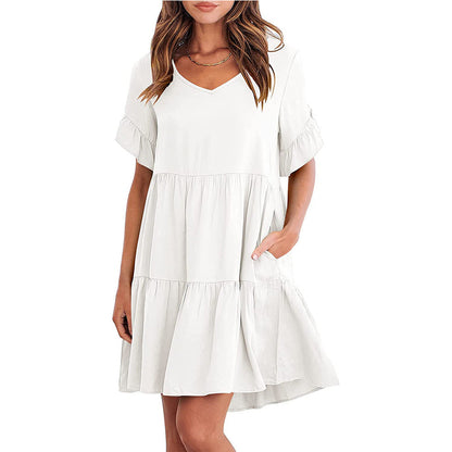 Loose Casual V-neck Short Sleeve Pleated Dresses