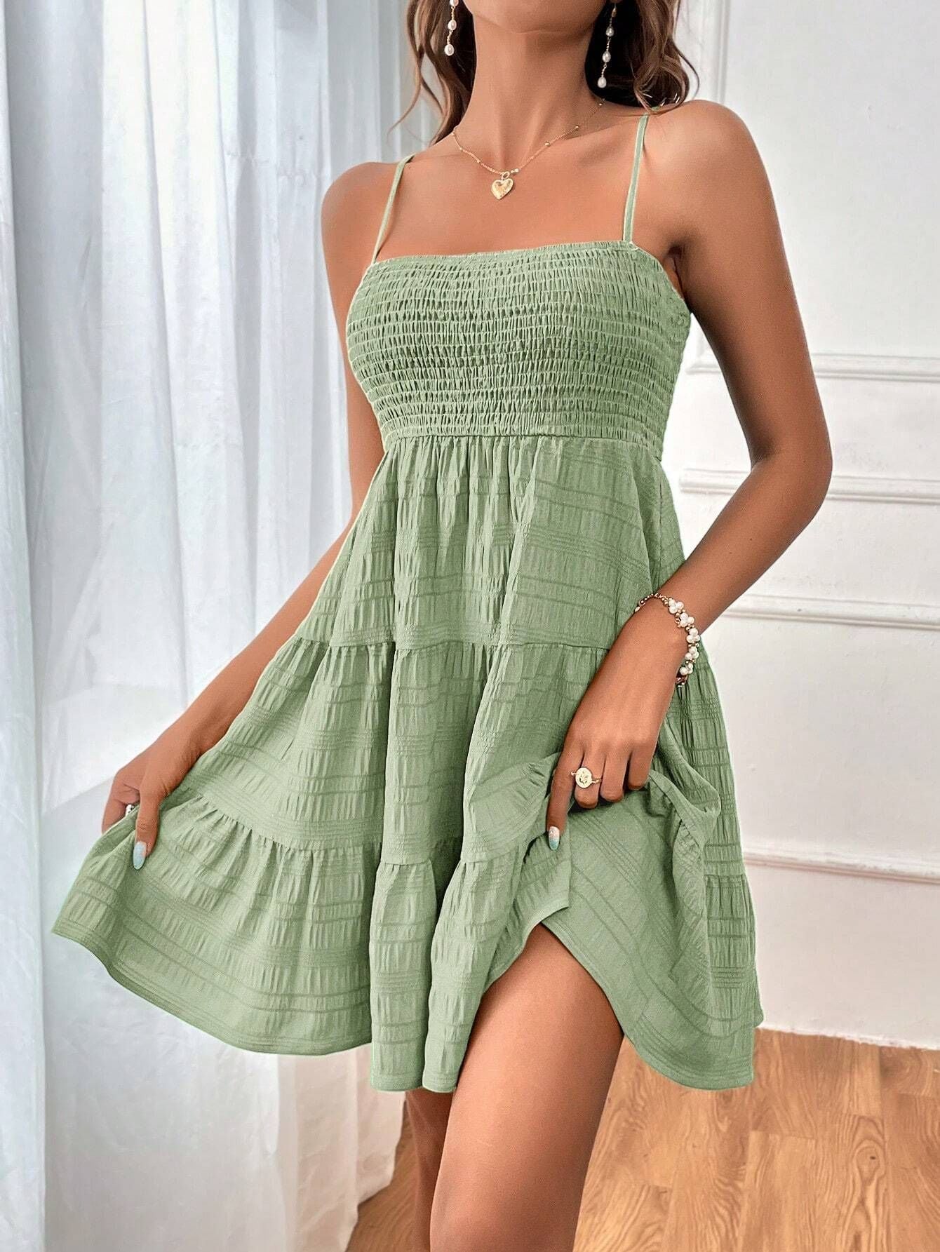 Summer Strap Solid Color Texture Short Dresses