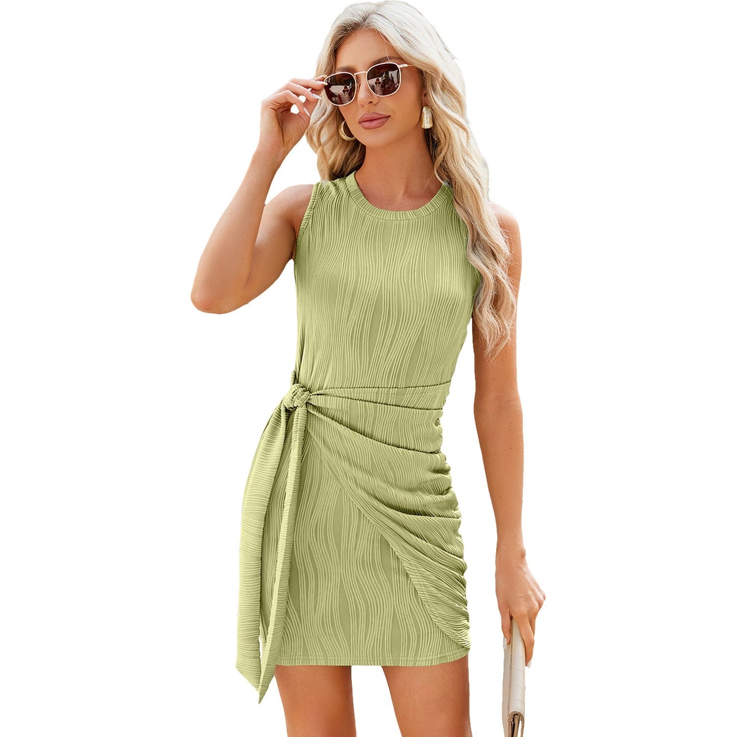 Solid Color Round Neck Pleated Lace Up Knitted Short Dresses for Women