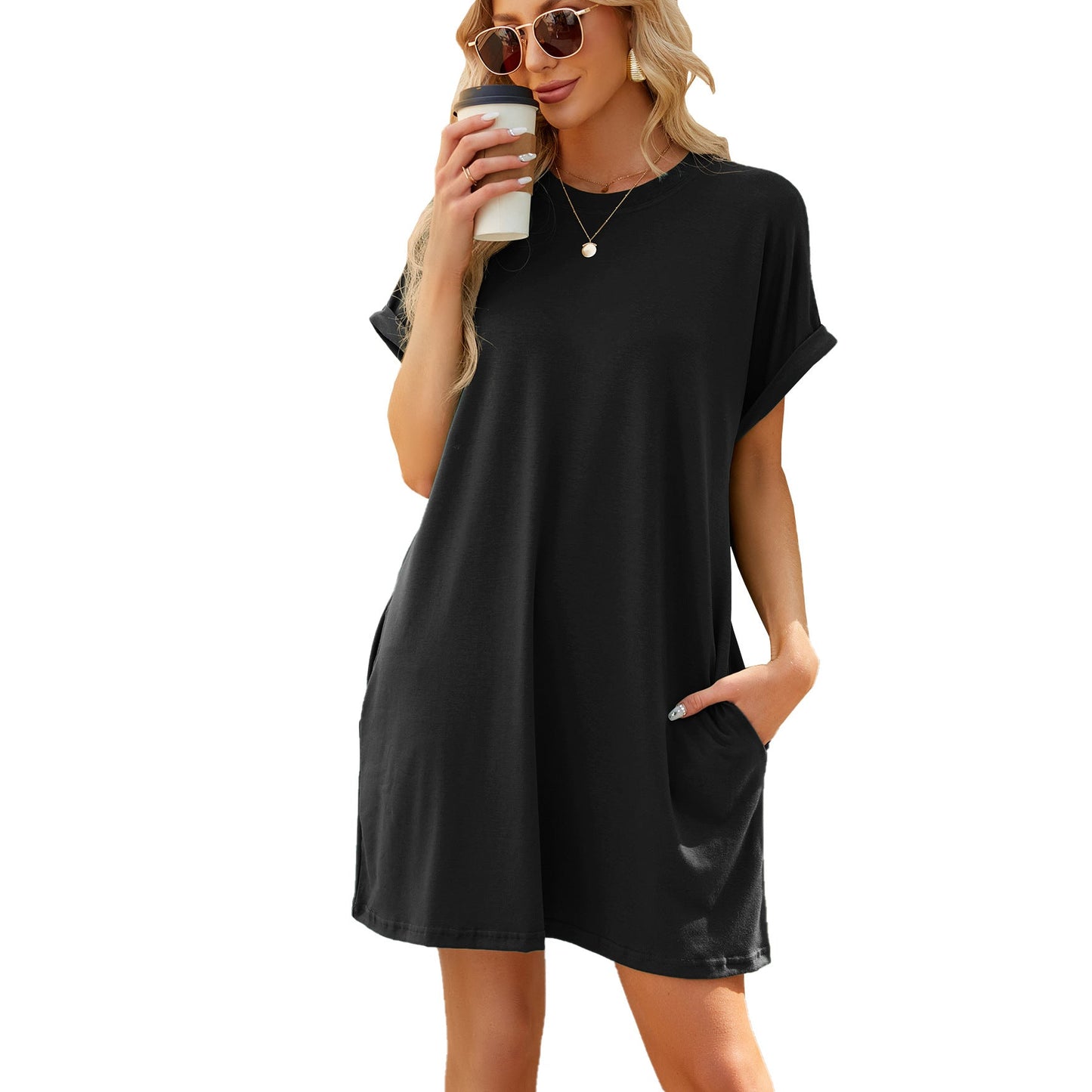 Women Solid Color Round Neck Pocket Loose Short Sleeve Summer Dresses