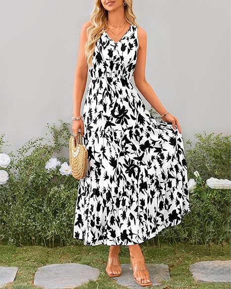 V-neck Elastic Waist Printed Casual Sleeveless Long Dresses