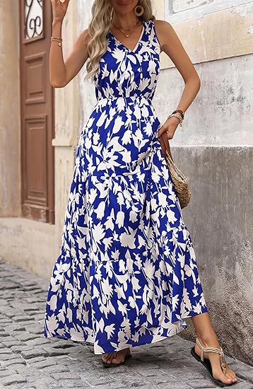 V-neck Elastic Waist Printed Casual Sleeveless Long Dresses