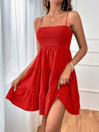 Summer Strap Solid Color Texture Short Dresses