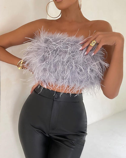 AMBER - Strapless Top With Imitation Feathers