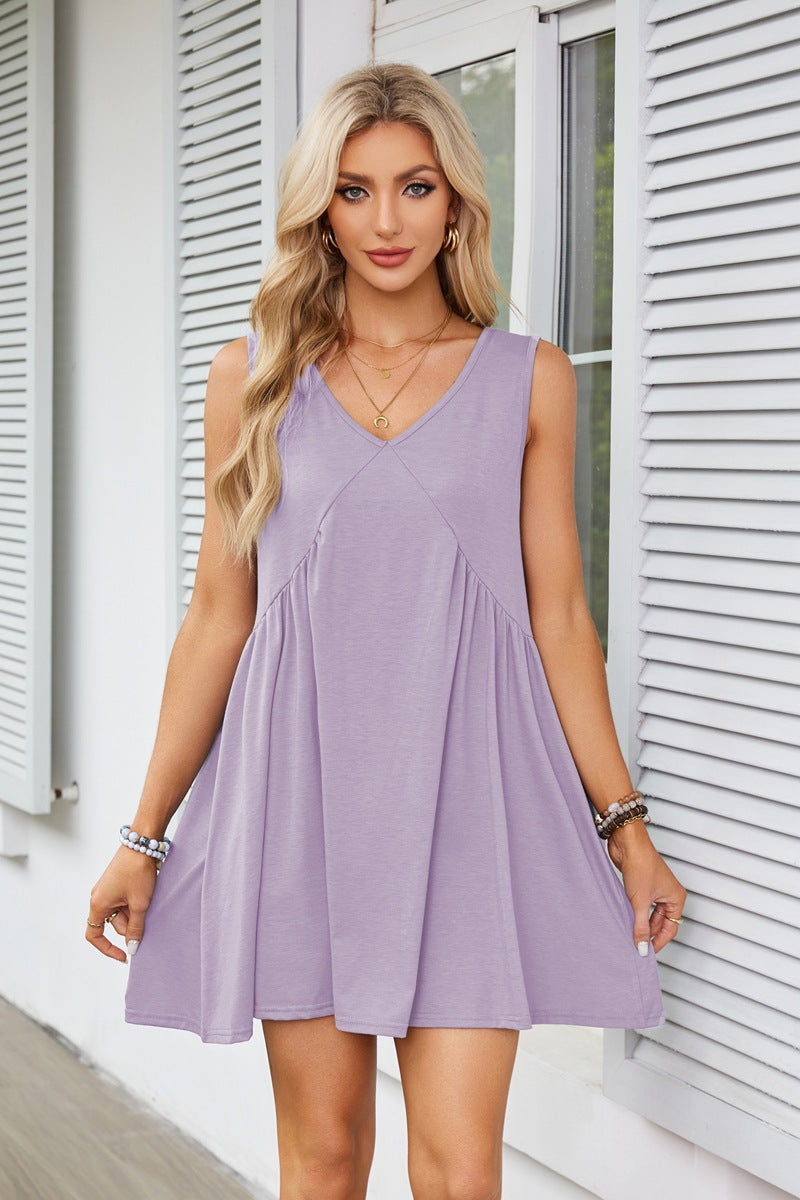 V-neck Sleeveless Pleated Vest Pocket Dresses