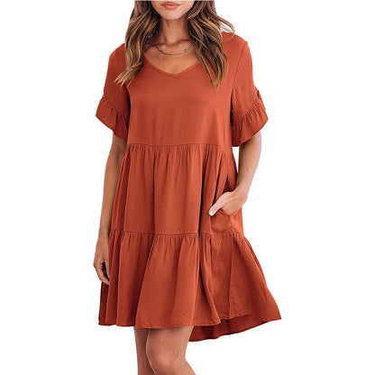 Loose Casual V-neck Short Sleeve Pleated Dresses