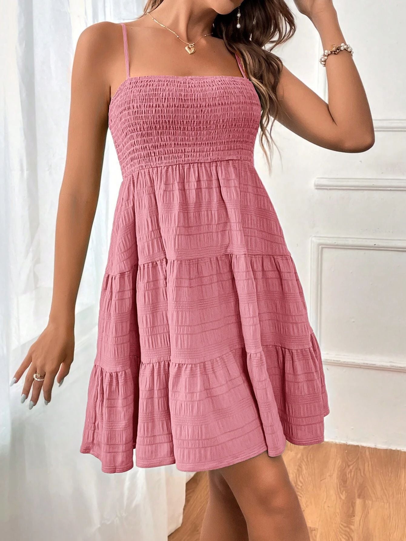 Summer Strap Solid Color Texture Short Dresses