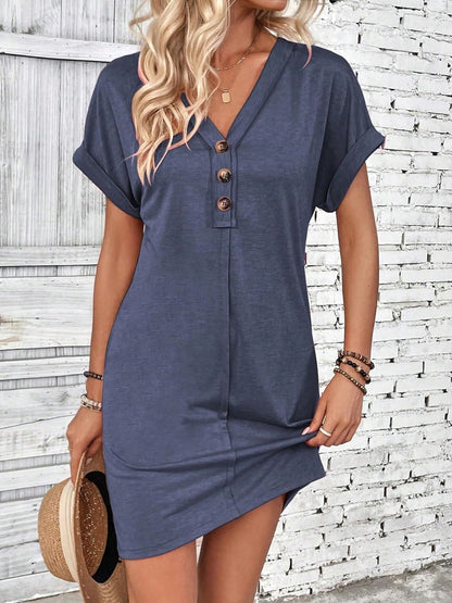 V Neck Button Short Sleeve Summer Casual Dresses