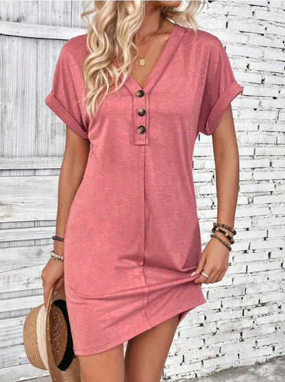 V Neck Button Short Sleeve Summer Casual Dresses