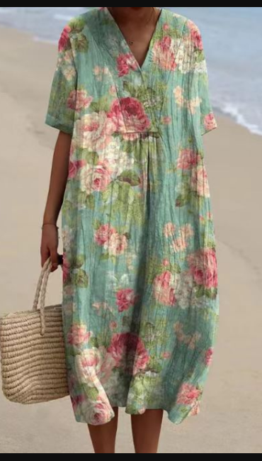 Retro Floral Art Print Chic Three Quarter Sleeve Round Neck Elegant Midi Dress